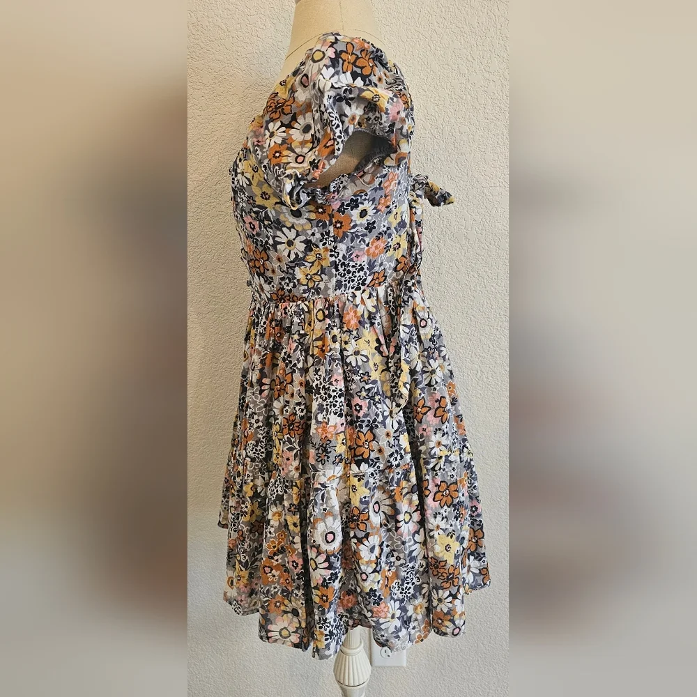 NWT AMERICAN EAGLE Puff Sleeve Tie Back Ruched Cotton Floral Short Dress Medium - Picture 12 of 15